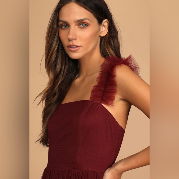 Divine Invitation Burgundy Tulle Swiss Dot Ruffled Midi Dress - Picture 4 of 5